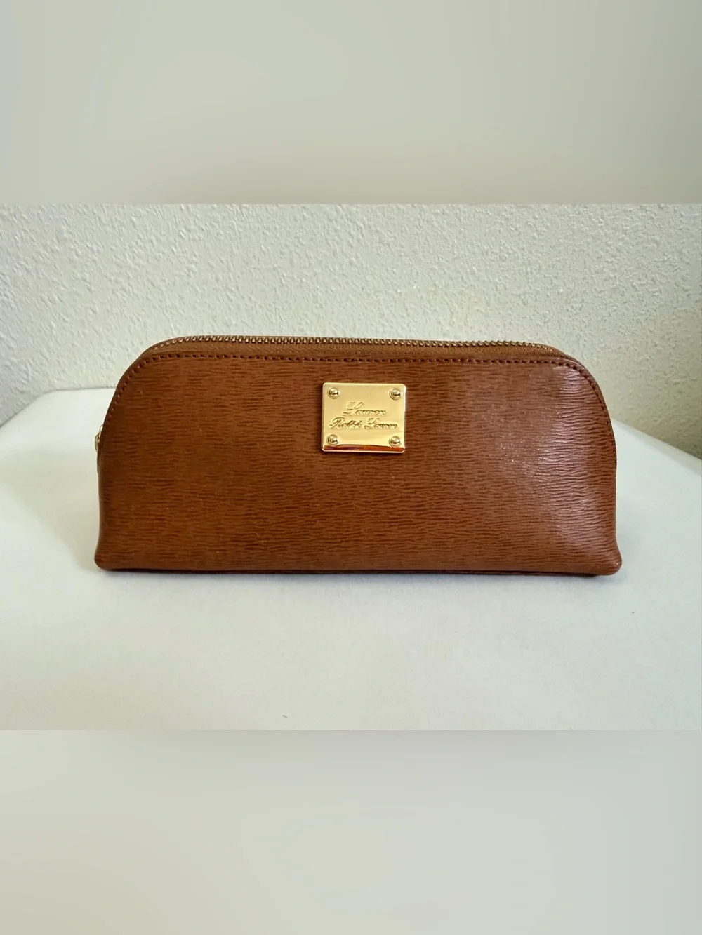 Lauren Ralph Lauren Brown Textured Makeup Cosmetic Pencil Case Gold Hardware